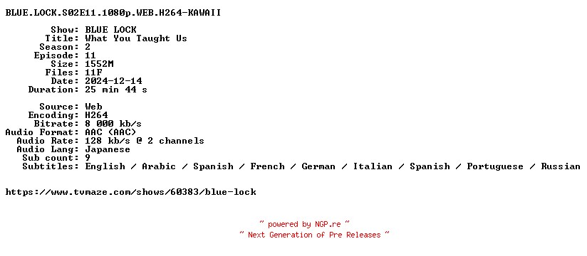 NFO for the release BLUE.LOCK.S02E11.1080p.WEB.H264-KAWAII by KAWAII