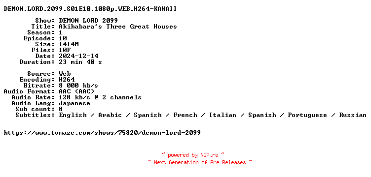 NFO for the release DEMON.LORD.2099.S01E10.1080p.WEB.H264-KAWAII by KAWAII
