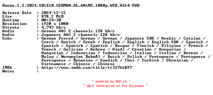 NFO for the release Ranma.1.2.2024.S01E10.GERMAN.DL.ANiME.1080p.WEB.H264-FWB by FWB
