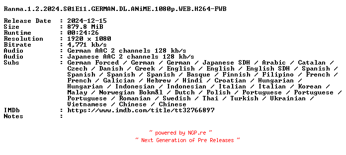 NFO for the release Ranma.1.2.2024.S01E11.GERMAN.DL.ANiME.1080p.WEB.H264-FWB by FWB
