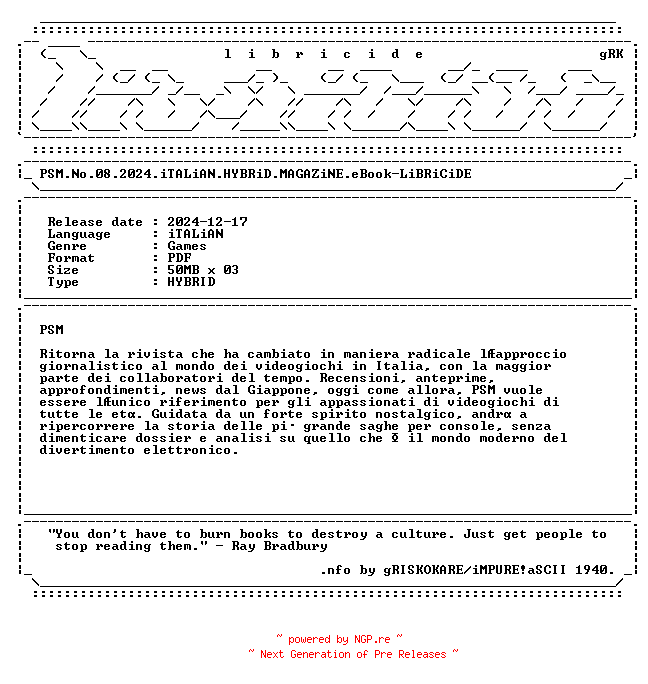 NFO for the release PSM.No.08.2024.iTALiAN.HYBRiD.MAGAZiNE.eBook-LiBRiCiDE by LiBRiCiDE