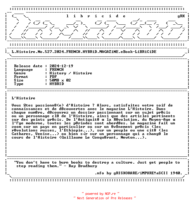 NFO for the release L.Histoire.No.527.2024.FRENCH.HYBRiD.MAGAZiNE.eBook-LiBRiCiDE by LiBRiCiDE