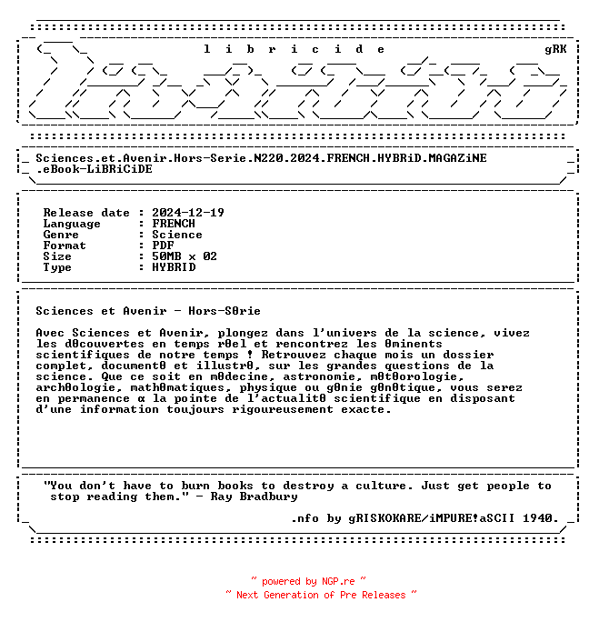 NFO for the release Sciences.et.Avenir.Hors-Serie.N220.2024.FRENCH.HYBRiD.MAGAZiNE.eBook-LiBRiCiDE by LiBRiCiDE