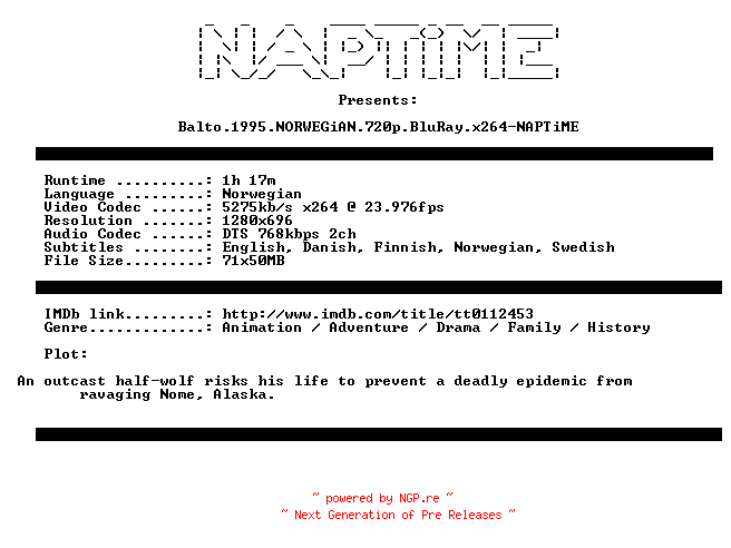 NFO for the release Balto.1995.NORWEGiAN.720p.BluRay.x264-NAPTiME by NAPTiME