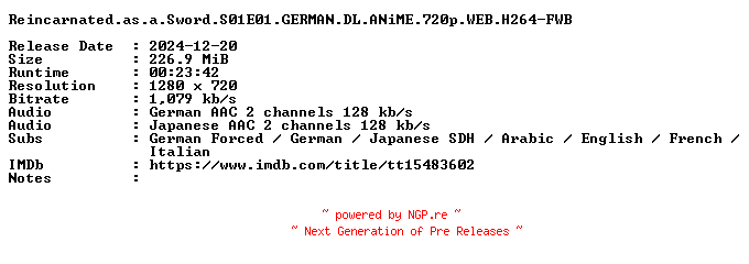 NFO for the release Reincarnated.as.a.Sword.S01E01.GERMAN.DL.ANiME.720p.WEB.H264-FWB by FWB