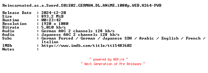 NFO for the release Reincarnated.as.a.Sword.S01E02.GERMAN.DL.ANiME.1080p.WEB.H264-FWB by FWB