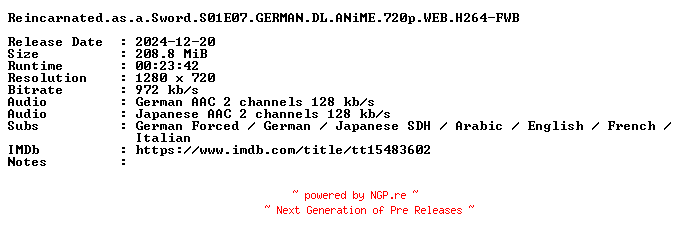 NFO for the release Reincarnated.as.a.Sword.S01E07.GERMAN.DL.ANiME.720p.WEB.H264-FWB by FWB