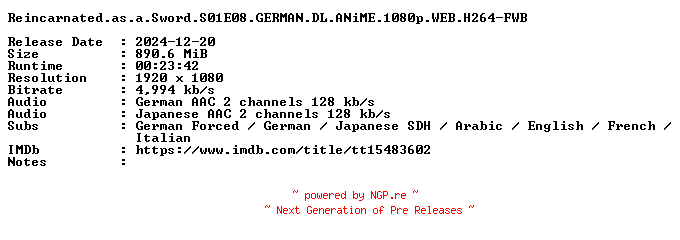 NFO for the release Reincarnated.as.a.Sword.S01E08.GERMAN.DL.ANiME.1080p.WEB.H264-FWB by FWB