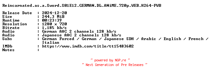 NFO for the release Reincarnated.as.a.Sword.S01E12.GERMAN.DL.ANiME.720p.WEB.H264-FWB by FWB
