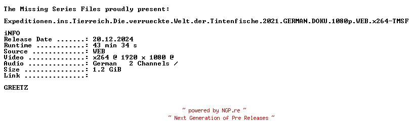 NFO for the release Expeditionen.ins.Tierreich.Die.verrueckte.Welt.der.Tintenfische.2021.GERMAN.DOKU.1080p.WEB.x264-TMSF by TMSF
