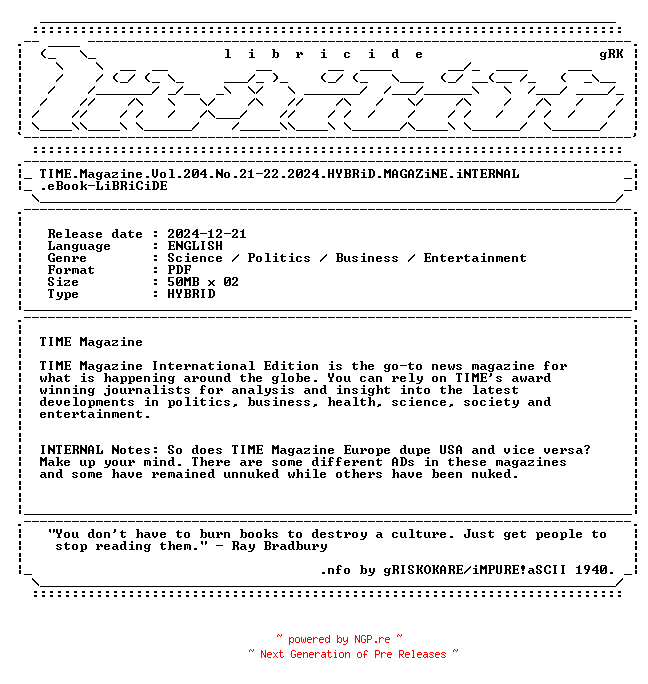 NFO for the release TIME.Magazine.Vol.204.No.21-22.2024.HYBRiD.MAGAZiNE.iNTERNAL.eBook-LiBRiCiDE by LiBRiCiDE