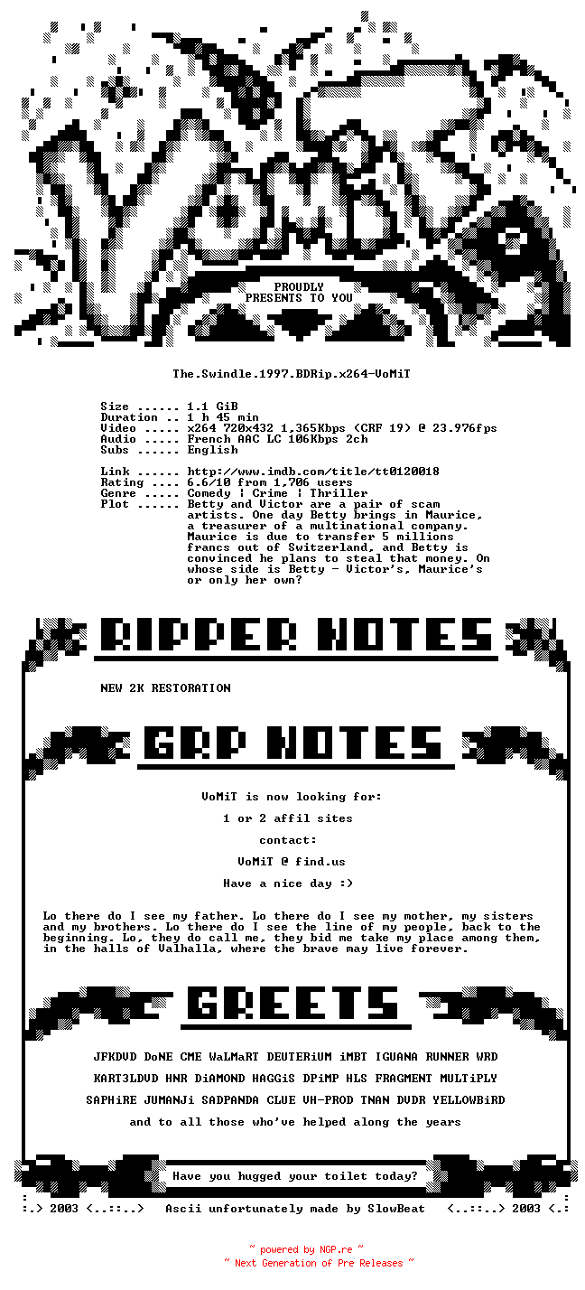 NFO for the release The.Swindle.1997.BDRip.x264-VoMiT by VoMiT