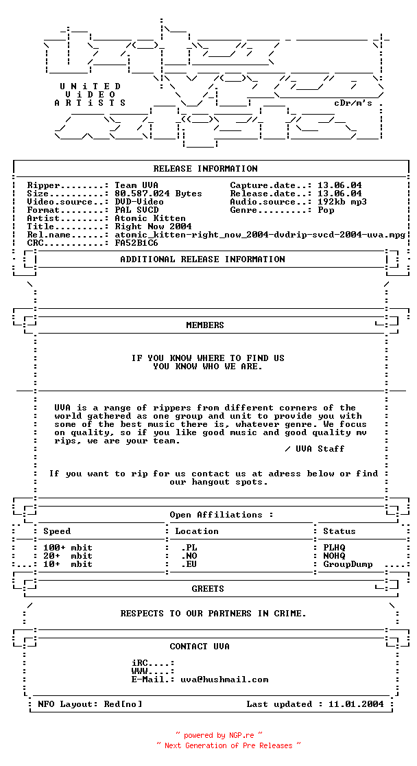 NFO for the release Atomic_kitten-right_now_2004-dvdrip-svcd-2004-uva by uva