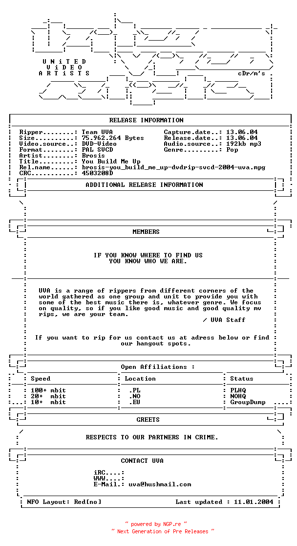 NFO for the release Brosis-you_build_me_up-dvdrip-svcd-2004-uva by uva
