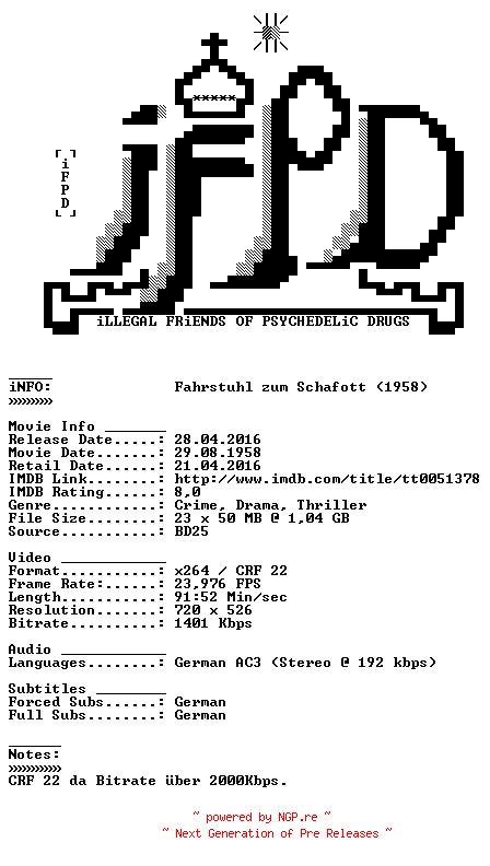 NFO for the release Fahrstuhl.zum.Schafott.German.1958.AC3.BDRiP.x264-iFPD by iFPD