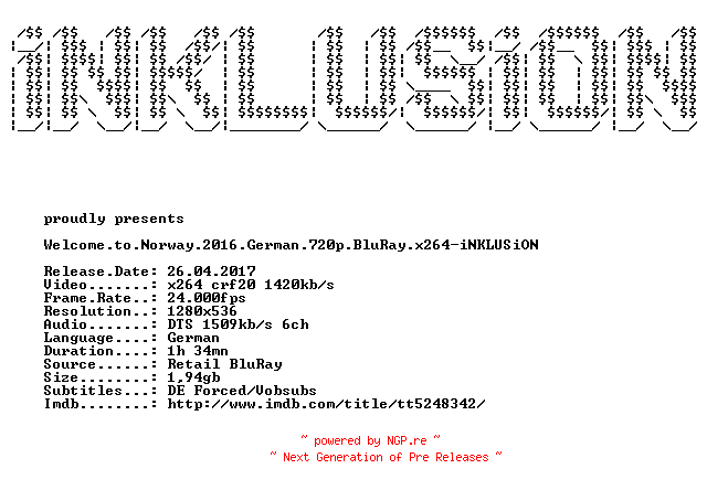 NFO for the release Welcome.to.Norway.2016.German.720p.BluRay.x264-iNKLUSiON by iNKLUSiON