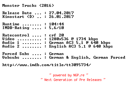 NFO for the release Monster.Trucks.2016.German.DL.720p.BluRay.x264-COiNCiDENCE by COiNCiDENCE