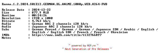 NFO for the release Ranma.1.2.2024.S01E12.GERMAN.DL.ANiME.1080p.WEB.H264-FWB by FWB