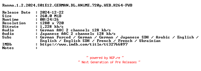 NFO for the release Ranma.1.2.2024.S01E12.GERMAN.DL.ANiME.720p.WEB.H264-FWB by FWB