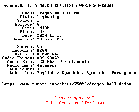 NFO for the release Dragon.Ball.DAIMA.S01E06.1080p.WEB.H264-KAWAII by KAWAII