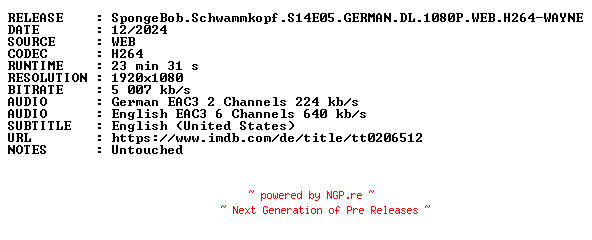 NFO for the release SpongeBob.Schwammkopf.S14E05.GERMAN.DL.1080P.WEB.H264-WAYNE by WAYNE