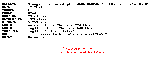 NFO for the release SpongeBob.Schwammkopf.S14E06.GERMAN.DL.1080P.WEB.H264-WAYNE by WAYNE