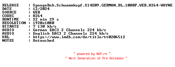 NFO for the release SpongeBob.Schwammkopf.S14E09.GERMAN.DL.1080P.WEB.H264-WAYNE by WAYNE