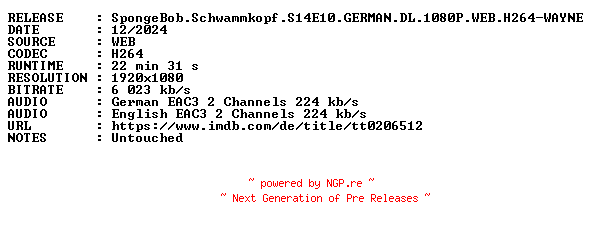 NFO for the release SpongeBob.Schwammkopf.S14E10.GERMAN.DL.1080P.WEB.H264-WAYNE by WAYNE