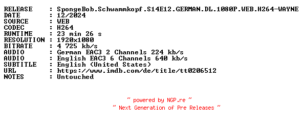 NFO for the release SpongeBob.Schwammkopf.S14E12.GERMAN.DL.1080P.WEB.H264-WAYNE by WAYNE