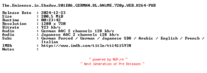 NFO for the release The.Eminence.in.Shadow.S01E06.GERMAN.DL.ANiME.720p.WEB.H264-FWB by FWB