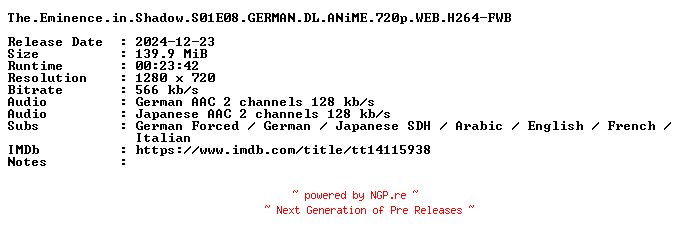 NFO for the release The.Eminence.in.Shadow.S01E08.GERMAN.DL.ANiME.720p.WEB.H264-FWB by FWB