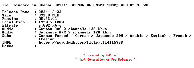 NFO for the release The.Eminence.in.Shadow.S01E11.GERMAN.DL.ANiME.1080p.WEB.H264-FWB by FWB