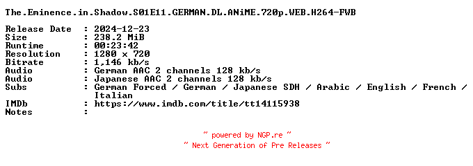 NFO for the release The.Eminence.in.Shadow.S01E11.GERMAN.DL.ANiME.720p.WEB.H264-FWB by FWB