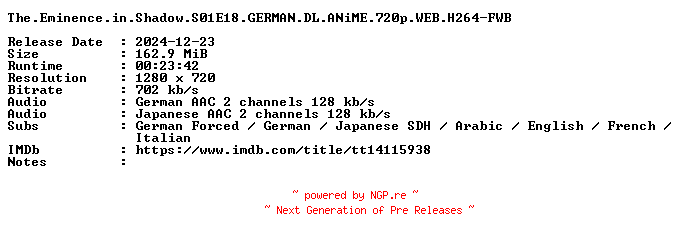 NFO for the release The.Eminence.in.Shadow.S01E18.GERMAN.DL.ANiME.720p.WEB.H264-FWB by FWB