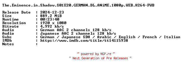 NFO for the release The.Eminence.in.Shadow.S01E20.GERMAN.DL.ANiME.1080p.WEB.H264-FWB by FWB
