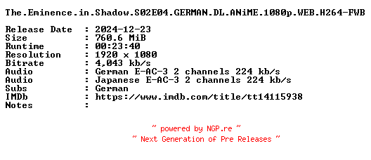 NFO for the release The.Eminence.in.Shadow.S02E04.GERMAN.DL.ANiME.1080p.WEB.H264-FWB by FWB