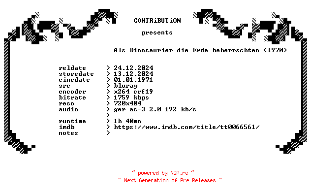 NFO for the release Als.Dinosaurier.die.Erde.beherrschten.1970.German.BDRip.x264-CONTRiBUTiON by CONTRiBUTiON
