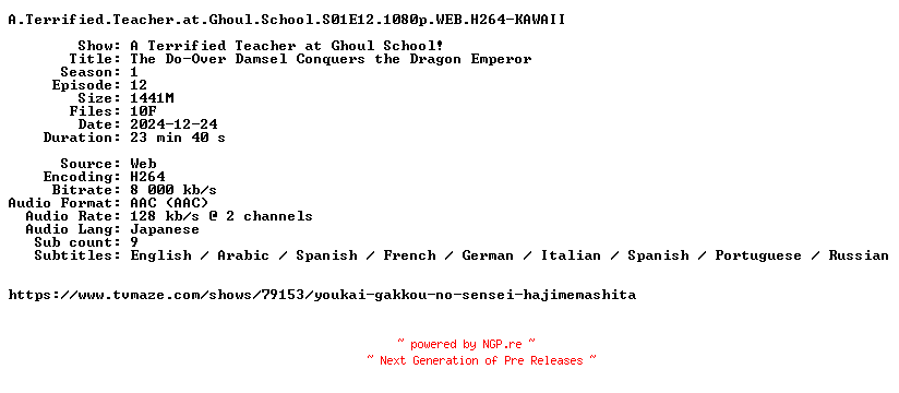 NFO for the release A.Terrified.Teacher.at.Ghoul.School.S01E12.1080p.WEB.H264-KAWAII by KAWAII