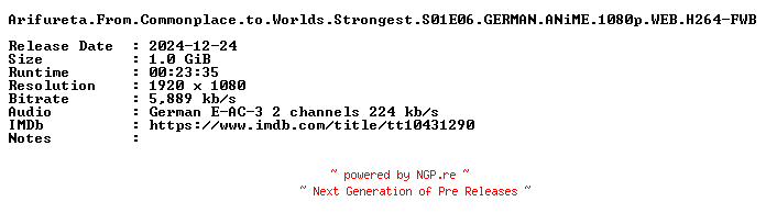 NFO for the release Arifureta.From.Commonplace.to.Worlds.Strongest.S01E06.GERMAN.ANiME.1080p.WEB.H264-FWB by FWB