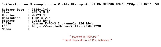 NFO for the release Arifureta.From.Commonplace.to.Worlds.Strongest.S01E06.GERMAN.ANiME.720p.WEB.H264-FWB by FWB