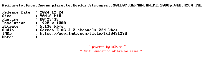 NFO for the release Arifureta.From.Commonplace.to.Worlds.Strongest.S01E07.GERMAN.ANiME.1080p.WEB.H264-FWB by FWB