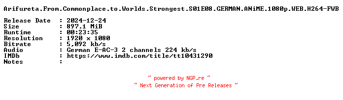 NFO for the release Arifureta.From.Commonplace.to.Worlds.Strongest.S01E08.GERMAN.ANiME.1080p.WEB.H264-FWB by FWB