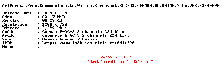 NFO for the release Arifureta.From.Commonplace.to.Worlds.Strongest.S02E03.GERMAN.DL.ANiME.720p.WEB.H264-FWB by FWB