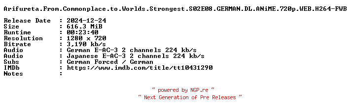 NFO for the release Arifureta.From.Commonplace.to.Worlds.Strongest.S02E08.GERMAN.DL.ANiME.720p.WEB.H264-FWB by FWB