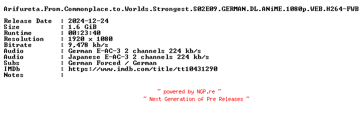 NFO for the release Arifureta.From.Commonplace.to.Worlds.Strongest.S02E09.GERMAN.DL.ANiME.1080p.WEB.H264-FWB by FWB