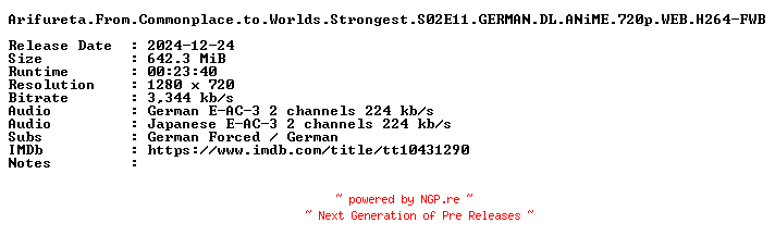NFO for the release Arifureta.From.Commonplace.to.Worlds.Strongest.S02E11.GERMAN.DL.ANiME.720p.WEB.H264-FWB by FWB