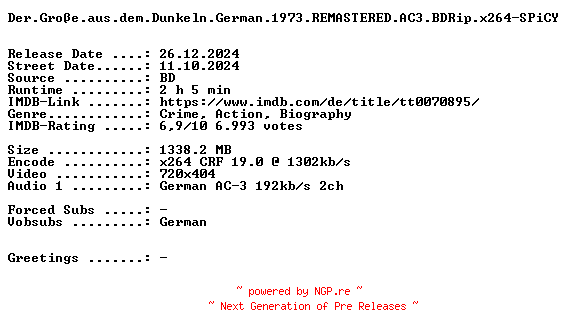 NFO for the release Der.Grosse.aus.dem.Dunkeln.German.1973.REMASTERED.AC3.BDRip.x264-SPiCY by SPiCY