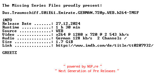 NFO for the release Das.Traumschiff.S01E61.Emirate.GERMAN.720p.WEB.h264-TMSF by TMSF