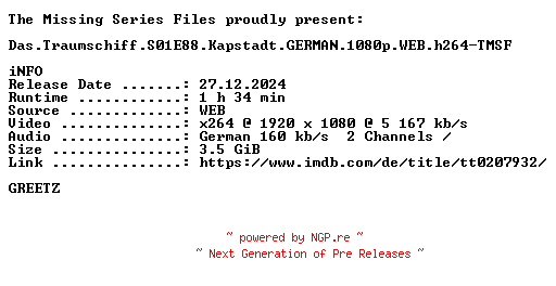 NFO for the release Das.Traumschiff.S01E88.Kapstadt.GERMAN.1080p.WEB.h264-TMSF by TMSF