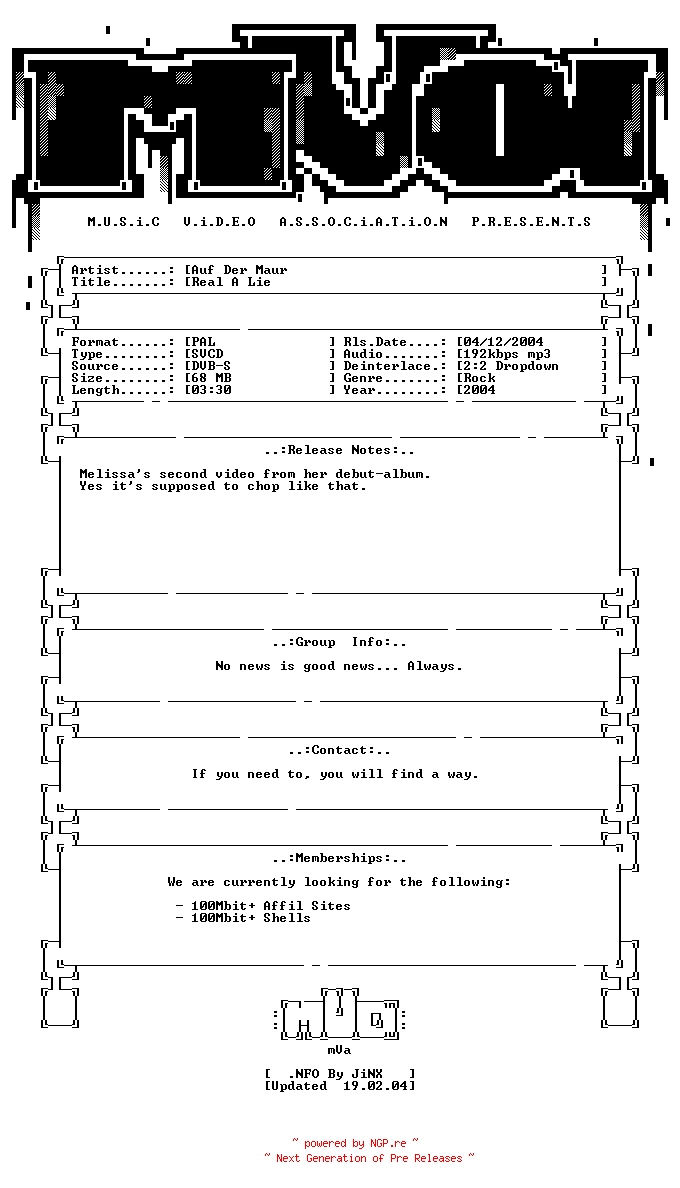 NFO for the release Auf_der_maur-real_a_lie-svcd-2004-mVa by mVa
